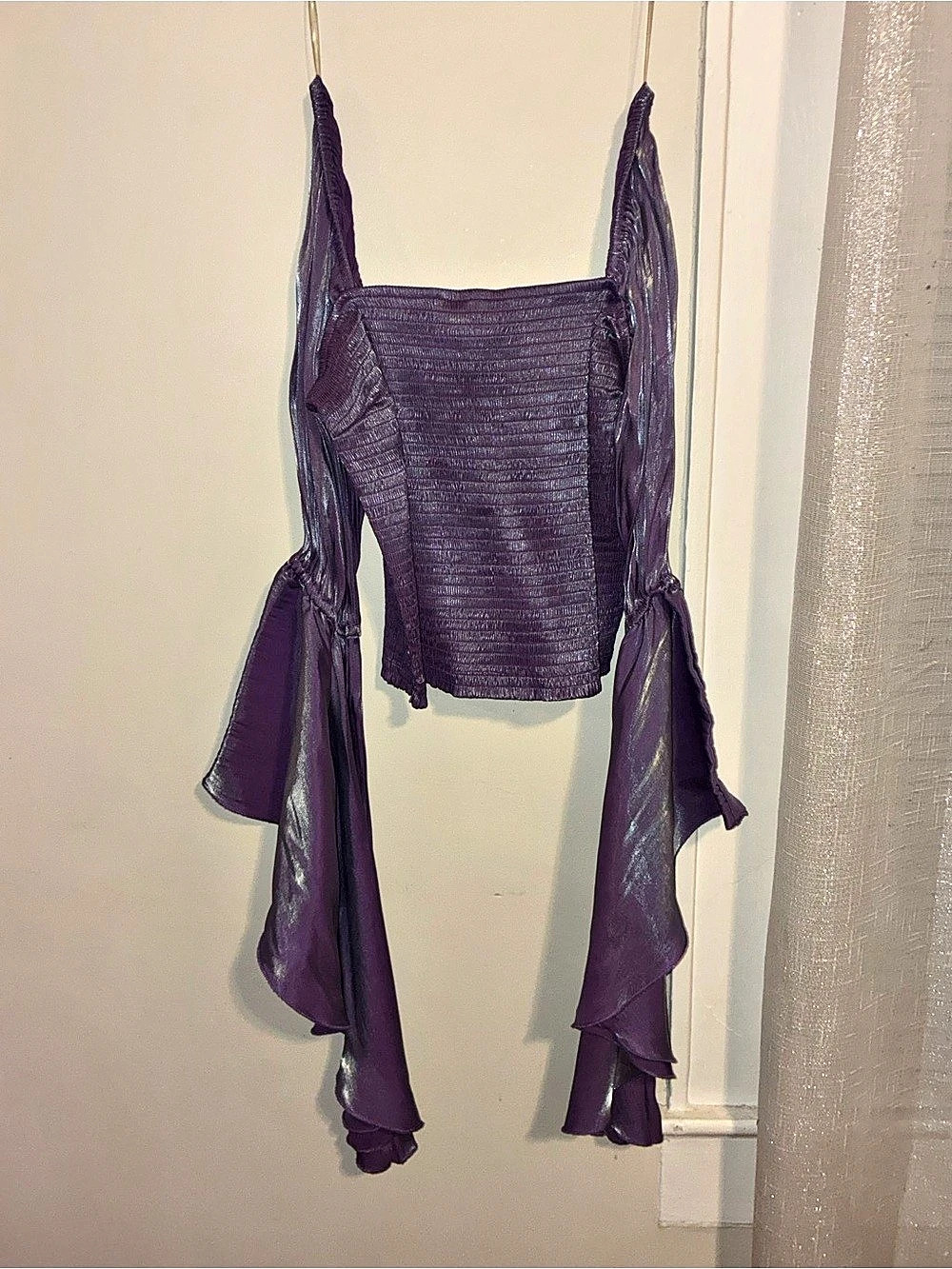 Fashion Nova Metallic Draped Sleeve Crop Top in Purple XL Like New